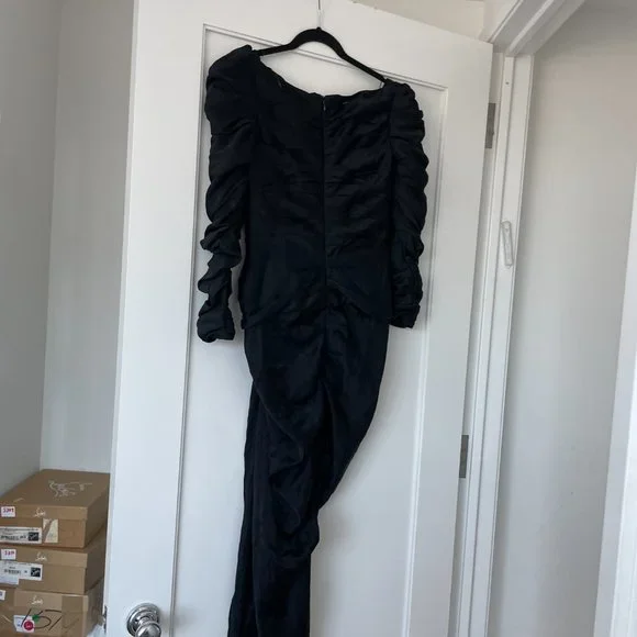 Khaite Shawna Ruched Satin Crepe Midi Dress Black High Slit Square Neckline - Picture 13 of 15